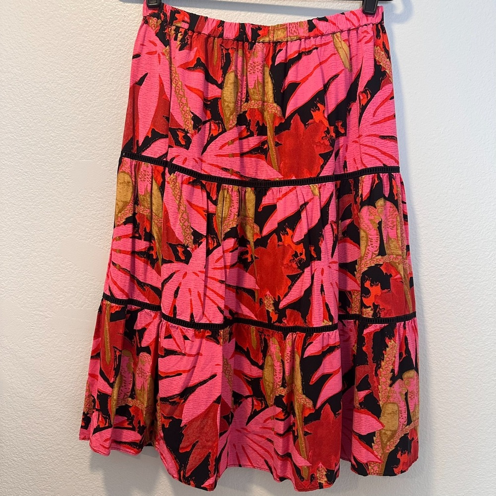 J Crew Size-S-M Tiered Midi Skirt Pink Palm Tropical‎ Print - Picture 9 of 9